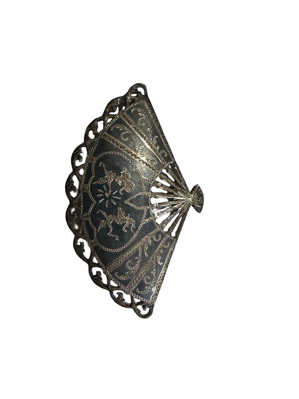 Vtg Siam Sterling Silver Niello Fan Brooch Pin Thai Dancing Deities Gift 3” 8.7g